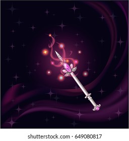 Cartoon fantasy magic icon for computer game. Magic wand with gemstone on dark background, gaming object for app. Vector illustration.