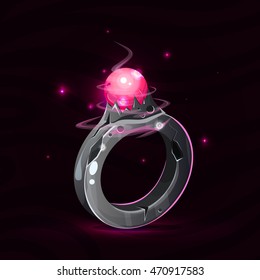 Cartoon fantasy magic stone ring with pink gem. Vector fairy game elements. 