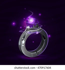 Cartoon fantasy magic stone ring with violet gem. Vector fairy game elements. 