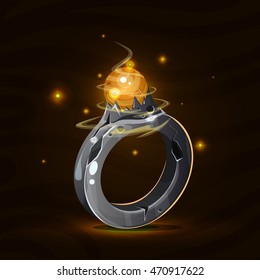 Cartoon fantasy magic stone ring with orange gem. Vector fairy game elements. 