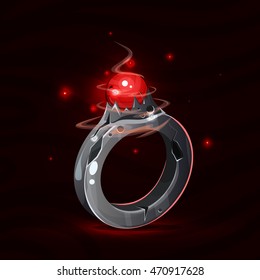 Cartoon Fantasy Magic Stone Ring With Red Gem. Vector Fairy Game Elements. 