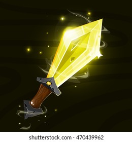Cartoon fantasy magic yellow sword.Vector fairy illustration. Game elements. 