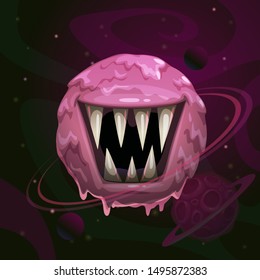 Cartoon fantasy monster pink planet with giant scary mouth on cosmic background. Funny enemy alien space element for game design.