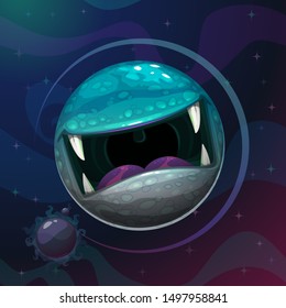 Cartoon fantasy monster planet with giant scary mouth on cosmic background. Funny enemy alien space element for game design.