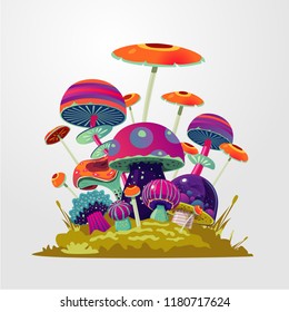 Cartoon fantasy mushroom background. Fantasy illustration with magic fungus. Vector concept illustration for game design.