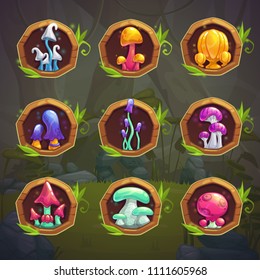 Cartoon fantasy mushrooms set. Vector assets for the mobile game design.