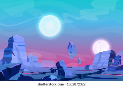 Cartoon Fantasy Naturpanorama-Landschaft mit violettem Felsrelief, Satelliten Planeten in blauem Kosmos Himmel. Alien Planet Landschaft Vektorgrafik. Game-Design-Galaxie-Raum mit fantastischem Hintergrund