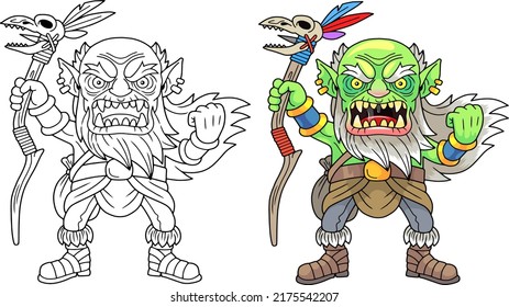 cartoon fantasy orc shaman, coloring book, funny illustration