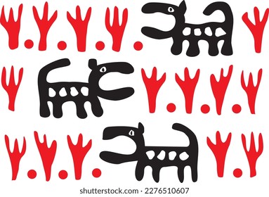 Cartoon fantasy picture. Black dogs walk in nature among red plants. Vector graphics.