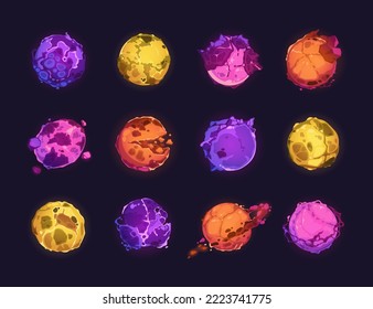 Cartoon fantasy planets. Colorful alien round space objects with different texture atmosphere and color, covered with rocks, acid, water. Vector game asset. Galaxy universe with bright elements