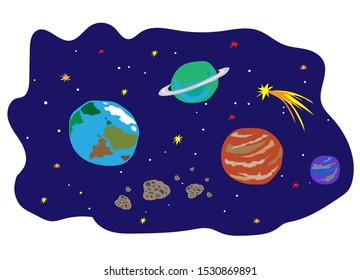 Cartoon fantasy planets earth, comet, milky way and stars set on space background. Endless galaxy inspiration, Cartoon open space landscape. Hand drawn Cute simple Vector illustration
