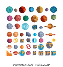 Cartoon fantasy planets pixel art set. 80s video game sprites. Solar system objects, flat style. Various space planets, asteroid, moon, fantastic world vector icons. Cosmic collection for game design.