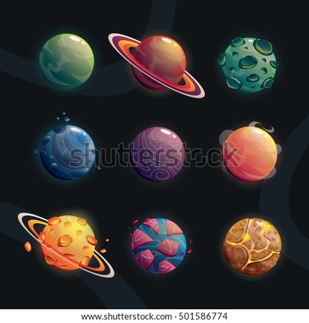 Cartoon fantasy planets set on space background. Vector illustration