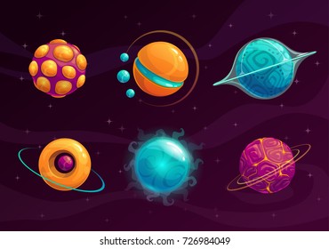 Cartoon fantasy planets set. Space objects for game design. Vector cosmic illustration.