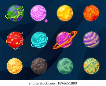 Cartoon fantasy planets. Space planet, slime or jelly satellites in universe. Game galaxy objects, funny cosmic elements recent vector set
