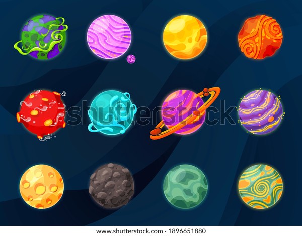 Cartoon fantasy planets. Space planet, slime or jelly\
satellites in universe. Game galaxy objects, funny cosmic elements\
recent vector set