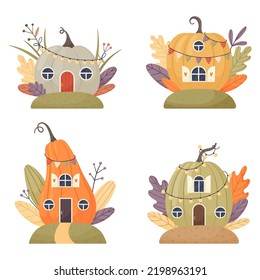 Cartoon fantasy pumpkin houses for fairies, elves, gnomes.