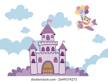  Cartoon fantasy violet château et un chaton mignon au-dessus vole sur un avion dans le ciel, tenant des ballons colorés dans ses mains. Illustration de style dessin animé plat du château de la princesse magique dans les nuages