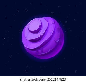 Desenhos animados fantasia roxo galáxia alienígena espaço planeta. Esfera cósmica vetorial com uma textura de superfície lisa e em espiral, flutuando no fundo estrelado, azul escuro do espaço exterior. Único corpo celeste violeta vibrante