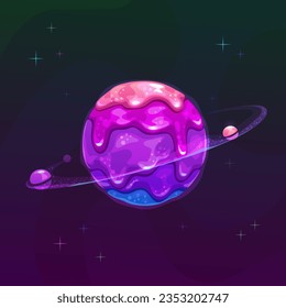 Fantasía de caricatura planetario de lima morada en un fondo nocturno. Jelly fundiendo el activo espacial para el diseño de juegos. Ilustración vectorial.