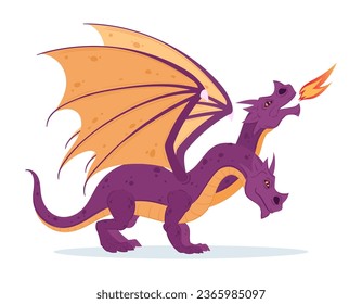 Cartoon fantasy reptile. Two-headed winged medieval dragon, fire breathing creature. Fairy tale beast flat vector illustration on white background