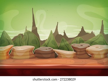 Cartoon Fantasy Sci-fi Martian Background/
Illustration of a cartoon funny alien planet landscape background, with weird mountains range for ui game