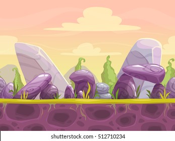 Cartoon fantasy seamless landscape with ground, stones, plants and cloudy sky layers. Layered vector background for parallax effect. Fantastic nature illustration for game location design.