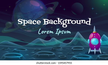 Cartoon fantasy space background. Alien planet landscape with purple spaceship. Vector cosmic illustration.