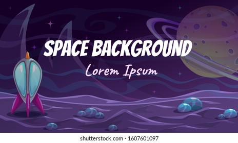 Cartoon fantasy space background. Alien planet landscape. Vector cosmic illustration.