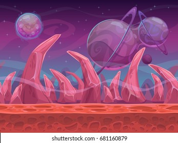 Cartoon Fantasy Space Landscape. Alien Planet Background. Vector Cosmic Illustration. Separated Layers For Parallax Effect.