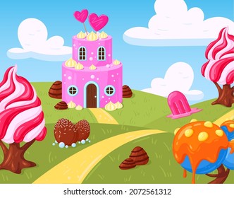 Cartoon fantasy sweet candy land landscape mobile game elements. Sweets fairy landscape, candy world game location vector illustration set. Sweet world game background. Fantasy sweet landscape