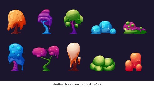 Cartoon fantasy tree. Vibrant slime plants, trees and bushes. Alien planet nature, fairy tale garden elements. Neon colors nowaday vector set