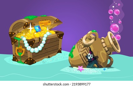 Cartoon fantasy underwater set illustration gold pirates treasure. Kids aquarium decoration elements