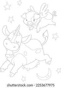 Cartoon Fantasy Unicorn Cow   Pegasus Pig black   white vector line art coloring book coloring page
