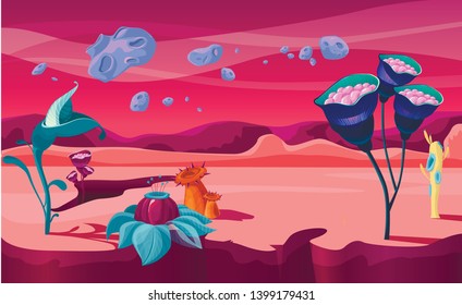 Cartoon fantasy vector seamless landscape, endless alien nature background for game design, separated layers for parallax effect in animation