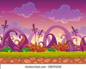 Cartoon fantasy vector seamless landscape, endless alien nature background for game design, separated layers for parallax effect in animation