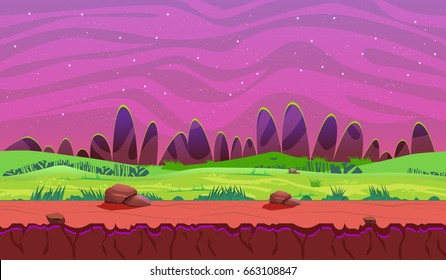 Cartoon fantasy vector seamless landscape, endless alien nature background for game design. 