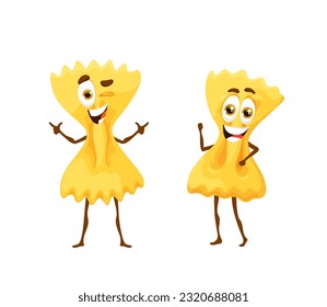 Cartoon farfalle pasta characters. Pleasant macaroni personages with cheerful bright countenance. Yummy Italian cuisine kawaii emoticon, adorable dinner emoji, whimsical Italy noodles in shape of bow