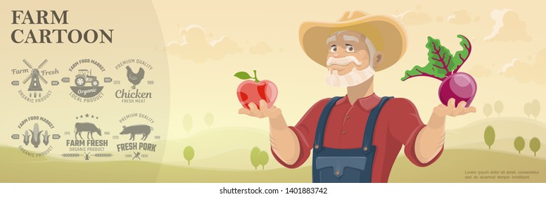 Cartoon farm and agriculture background with monochrome farming emblems and farmer holding apple and beet on beautiful field landscape vector illustration