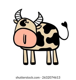 Cartoon farm animal, bull with big horns. Vector illustration of a cow with a spotted back.