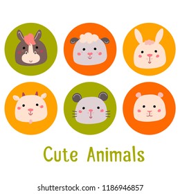 Cartoon farm animal: horse, sheep, goat, rabbit, hamster, donkey, mouse. Vector cupcake toppers for birthday party