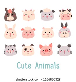 Cartoon farm animal: pig, horse, sheep, cow, goat, rabbit, hamster, donkey, cat, dog, mouse. Vector emoticon