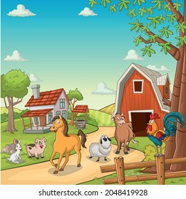 Cartoon farm with animals. Farm background.

