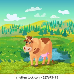 Cartoon farm animals background with grazing cow in green summer field landscape grass and gradient sky vector illustration