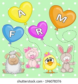 Cartoon farm animals with balloons on a dots background