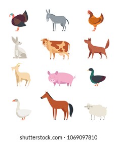 Cartoon farm animals and birds vector set isolated. Sheep, goat, cow, donkey, horse, pig, duck, goose, rooster and rabbit. Farm animal goat and horse, rooster and rabbit, duck and pig illustration