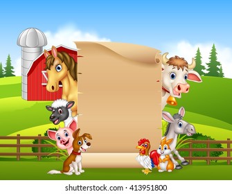 Cartoon farm animals with blank sign