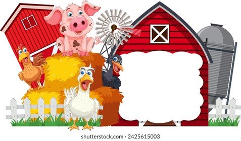 Cartoon farm animals with a blank signboard.