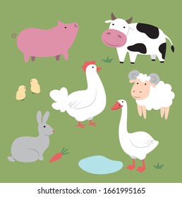 Cartoon farm animals collection. Characters for child book. Flat vector illustration.