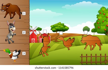 Cartoon farm animals collection set. Find the correct shadow on board. Educational game for children